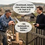 A falusi bácsi fát vág az udvaron, amikor megáll a kerítésnél a falu új tisztelendője. ppppo